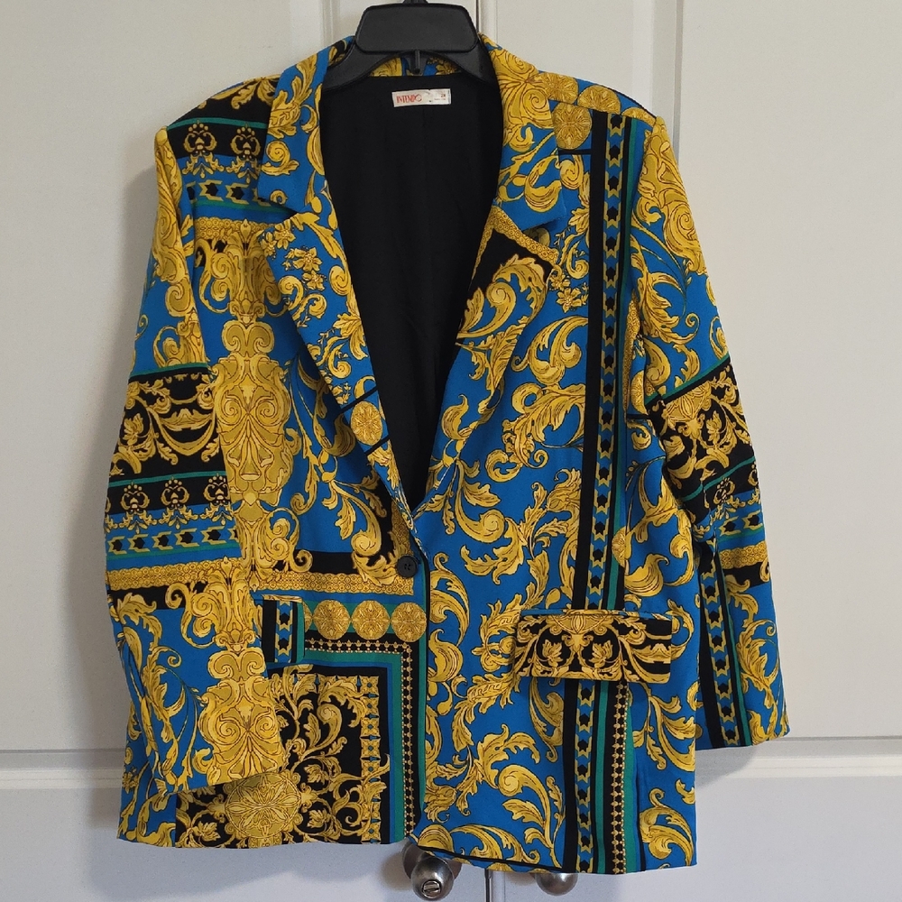 Baroque-Print Blue & Gold Women's Blazer